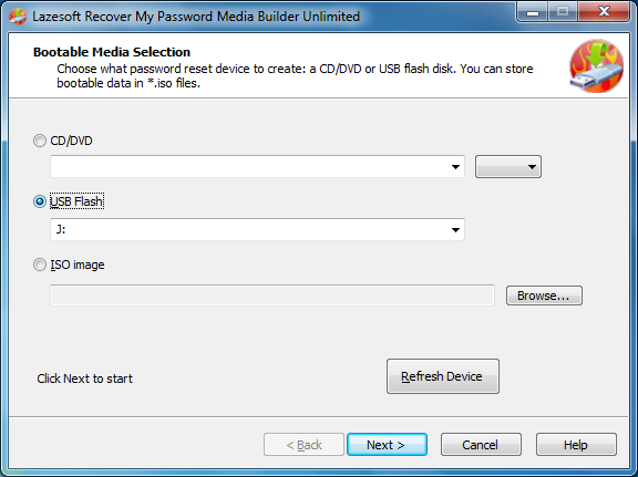Lazesotft Recover My Password bootable media builder media selection page