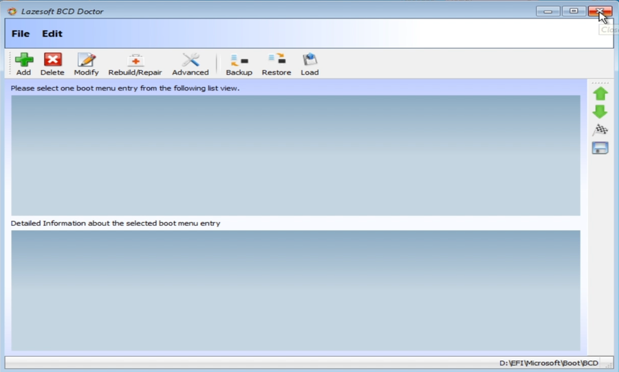 BCD Doctor showing current boot menu entry before repair