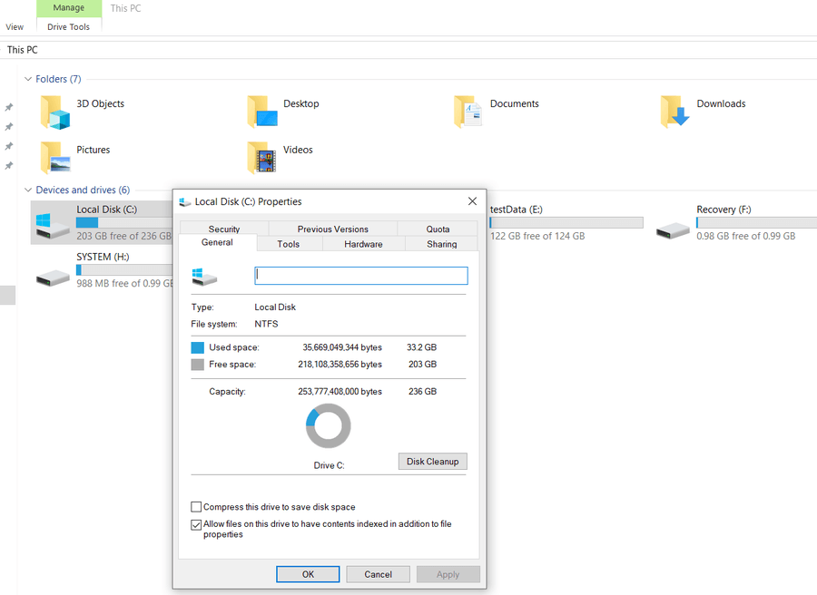 Windows Local Disk C properties showing NTFS file system
