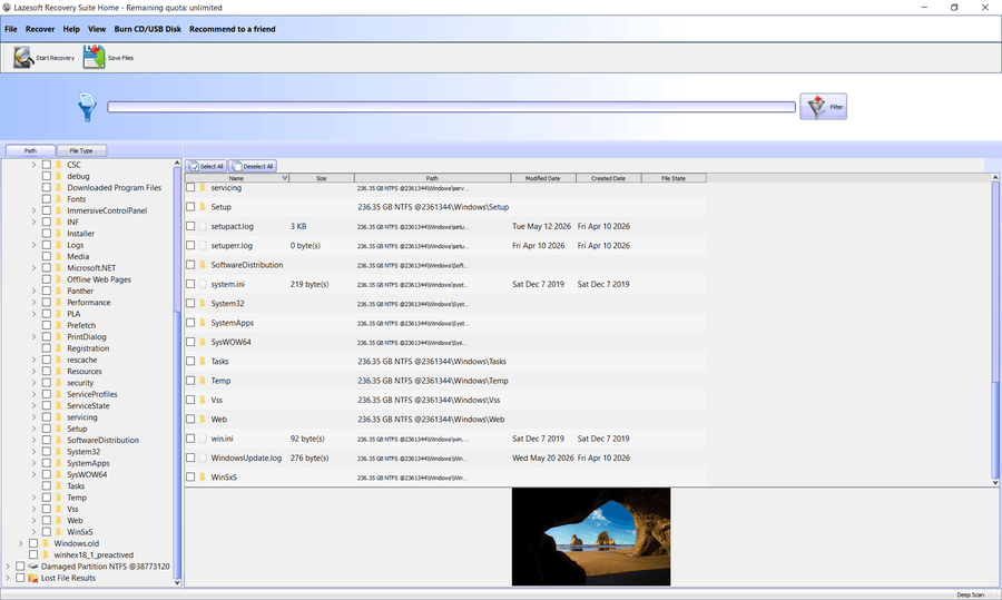 Lazesoft Data Recovery scan results showing recoverable NTFS folders and files