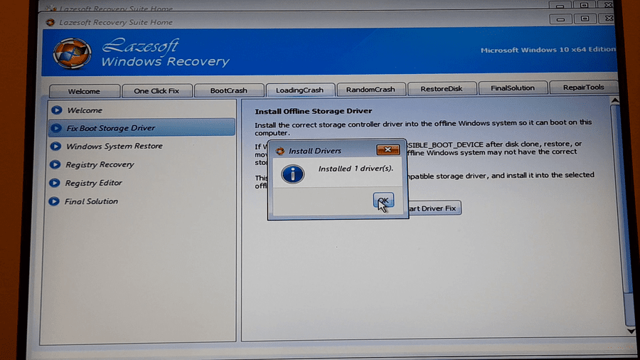 Offline storage driver installed successfully