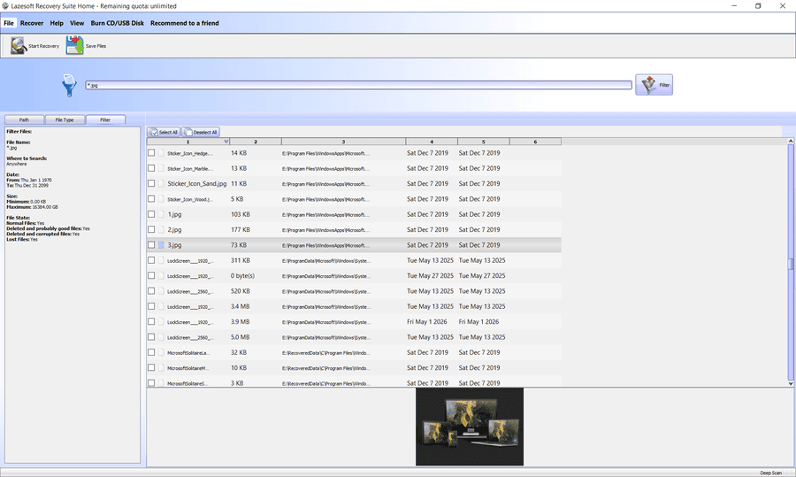 Lazesoft Data Recovery deep scan results showing recoverable files from a lost partition