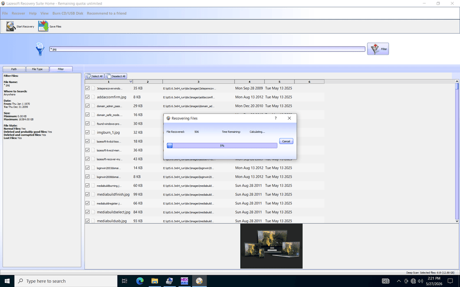 Saving recovered files from Lazesoft partition recovery deep scan
