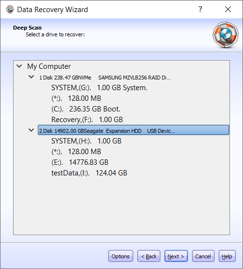 Select the affected disk or partition for partition recovery deep scan