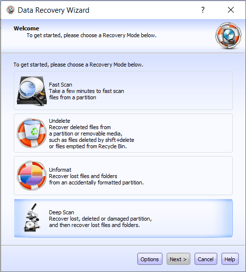 Choose Deep Scan in Lazesoft Data Recovery Wizard to recover lost, deleted, or damaged partitions