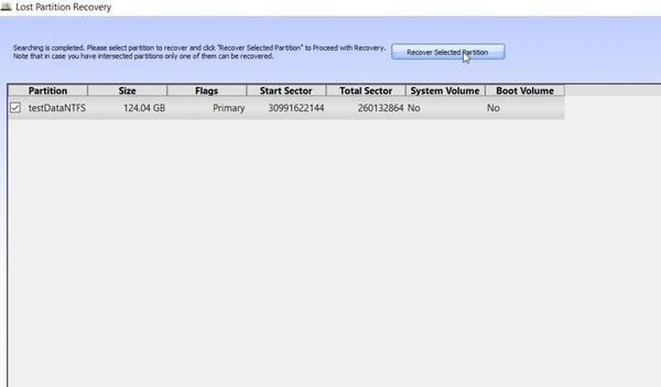 Recovered partition detected and ready to restore