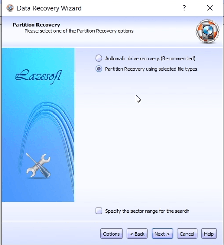 Choose partition recovery using selected file types