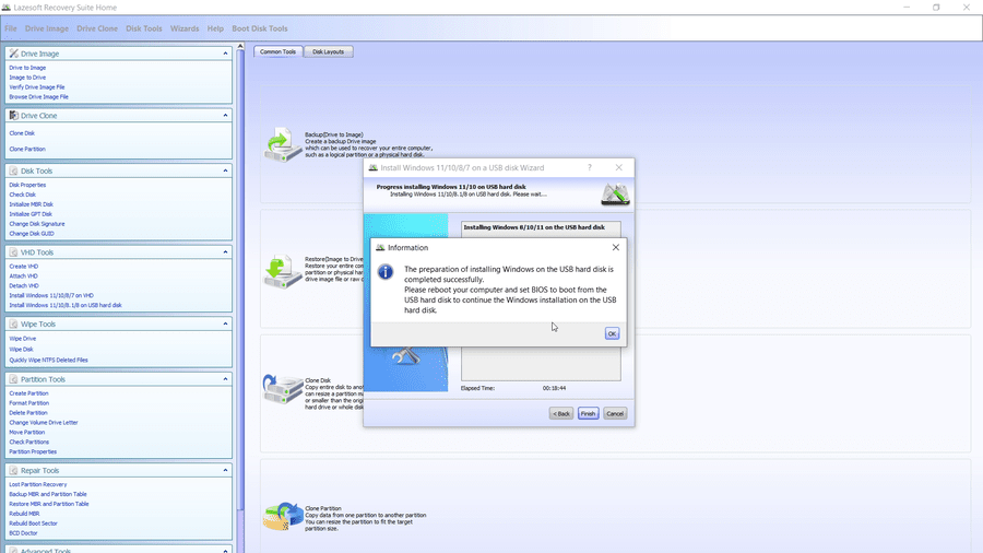 Portable Windows 11 USB drive preparation completed successfully in Lazesoft