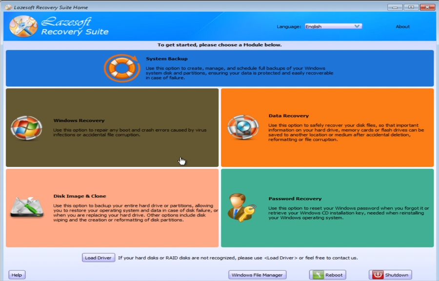Lazesoft Recovery Suite Home boot disk environment main screen