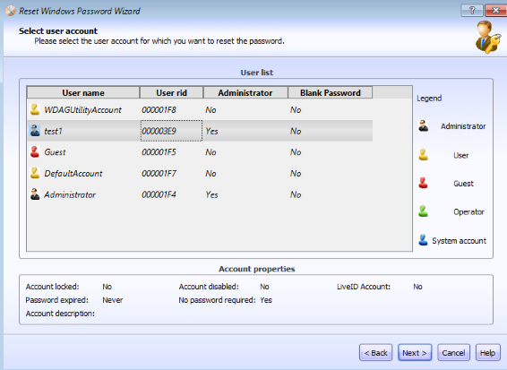 select the user account for password recovery