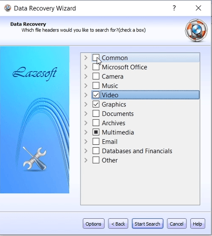 Select camera video and graphics file types