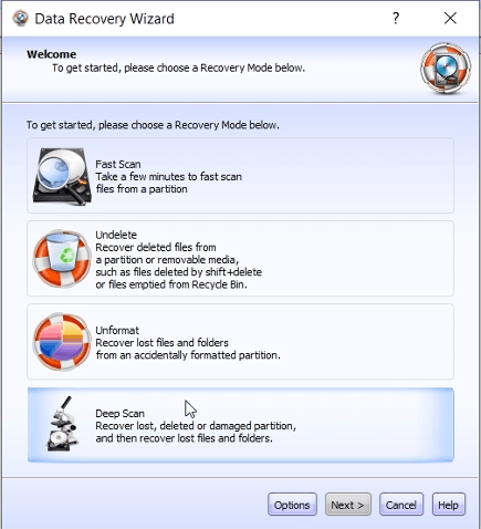 Select Deep Scan for SD card recovery