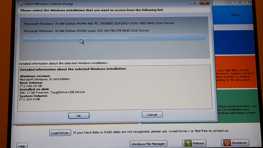 Select the offline Windows installation to repair