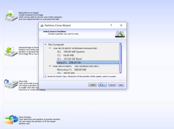 Select the data partition behind drive C as the clone source