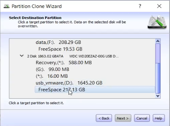 Select unallocated space on a second disk as target for the partition clone