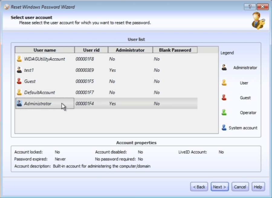 Select user account for Windows password reset