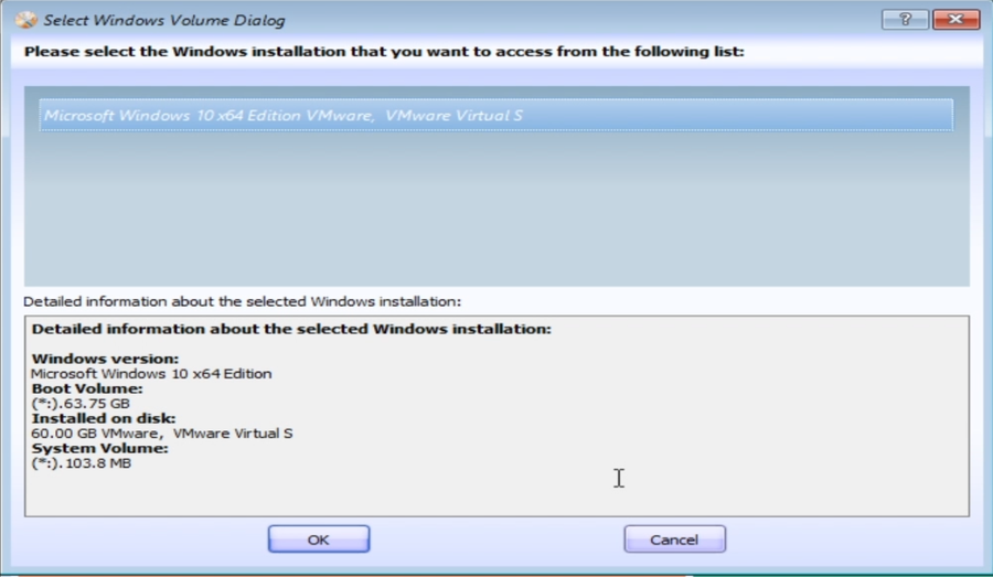 Select Windows Volume dialog showing detected Windows installation