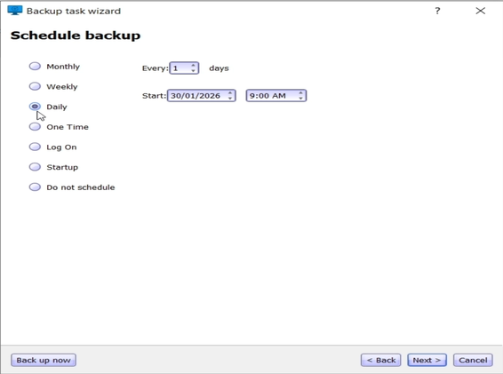 Daily system backup schedule settings
