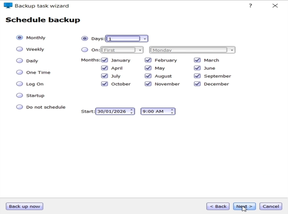 Monthly system backup schedule settings