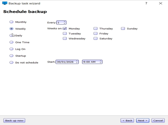 Weekly system backup schedule settings