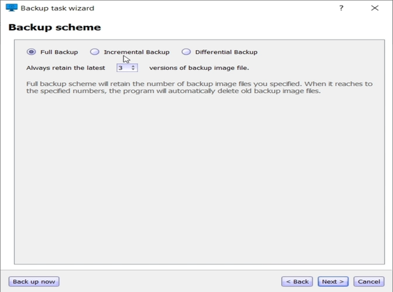 Full system backup scheme settings