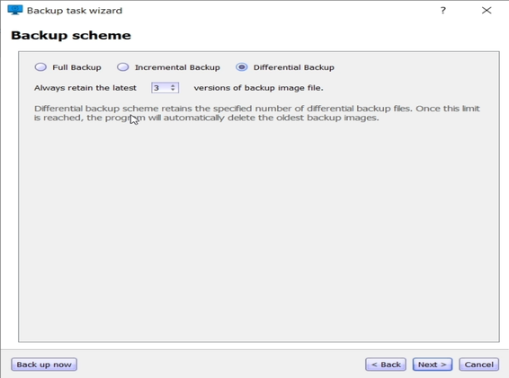 Incremental backup scheme settings