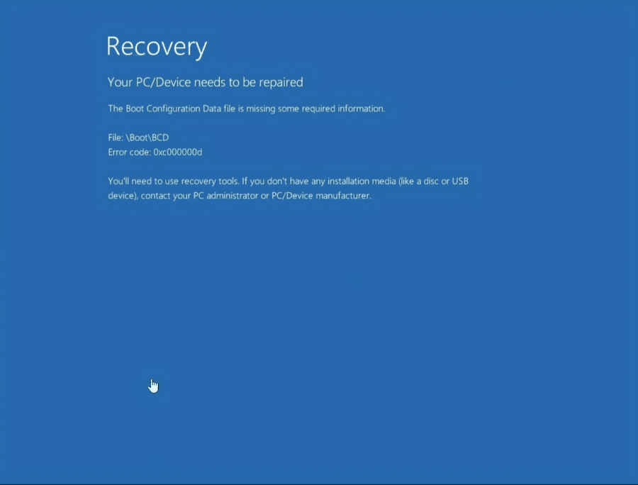 Windows Recovery screen showing boot error code 0xc000000d and a missing Boot BCD file
