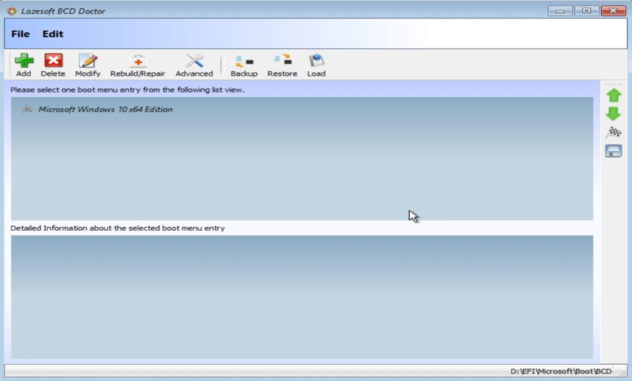 BCD Doctor showing restored Microsoft Windows 10 x64 Edition boot menu entry
