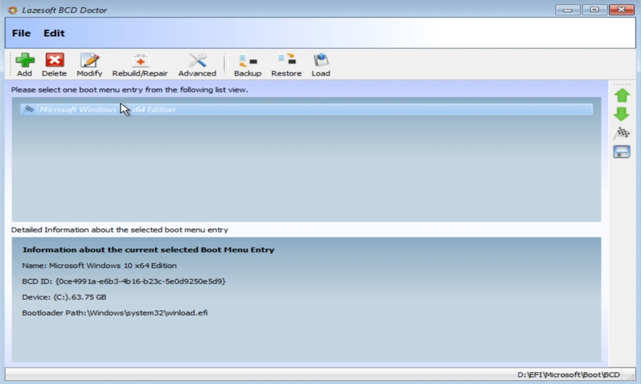BCD Doctor showing detailed information for restored Windows boot menu entry