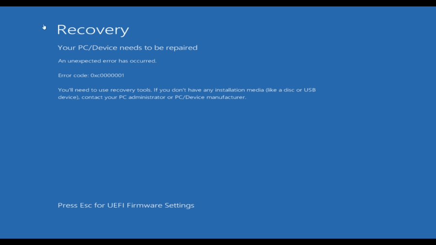 Windows Recovery screen showing error code 0xc0000001