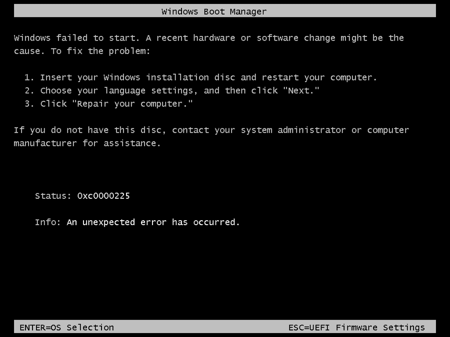 Windows Boot Manager error showing Status 0xC0000225
