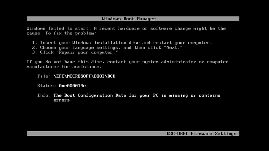 Windows 11 BCD error 0xc000014c