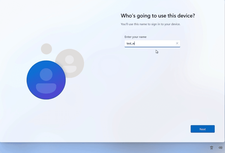 Windows 11 Who's going to use this device local account screen