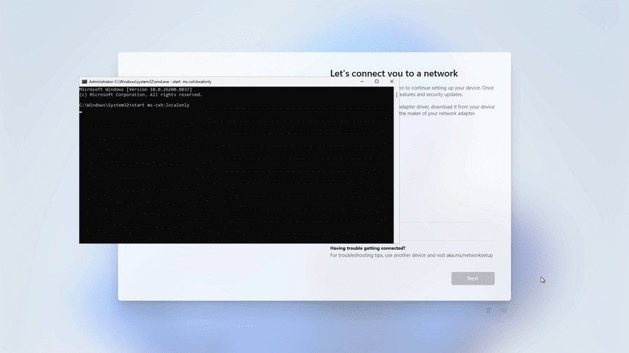 Run start ms-cxh localonly command in Windows 11 OOBE