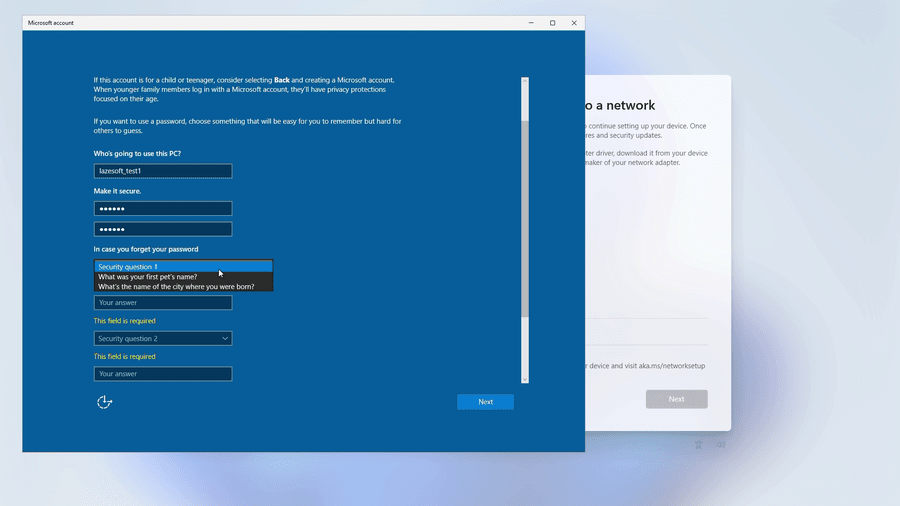 Windows 11 local account password and security questions