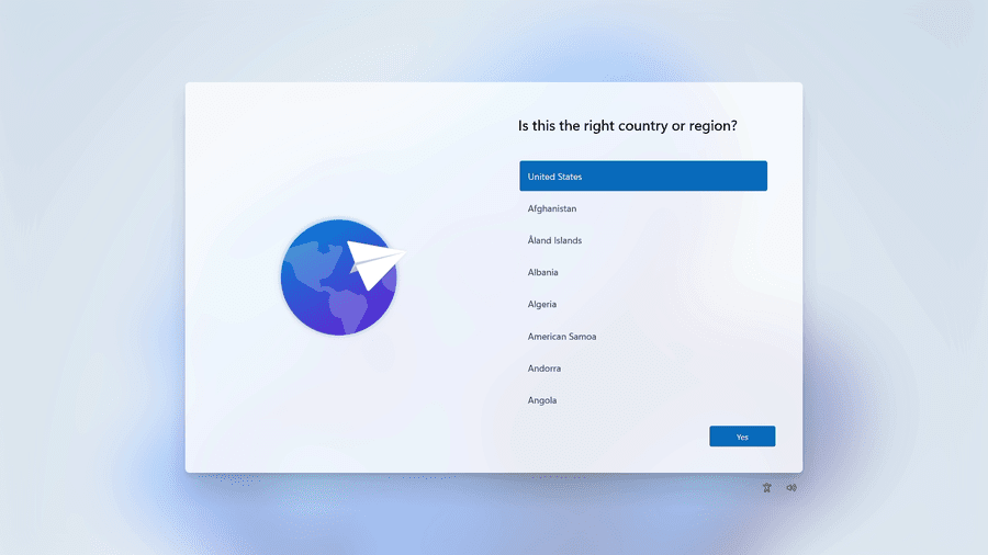 Portable Windows 11 setup country or region screen
