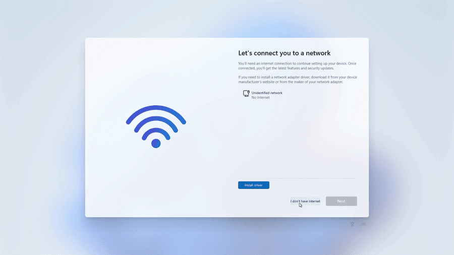 Windows 11 setup screen with I don't have internet option