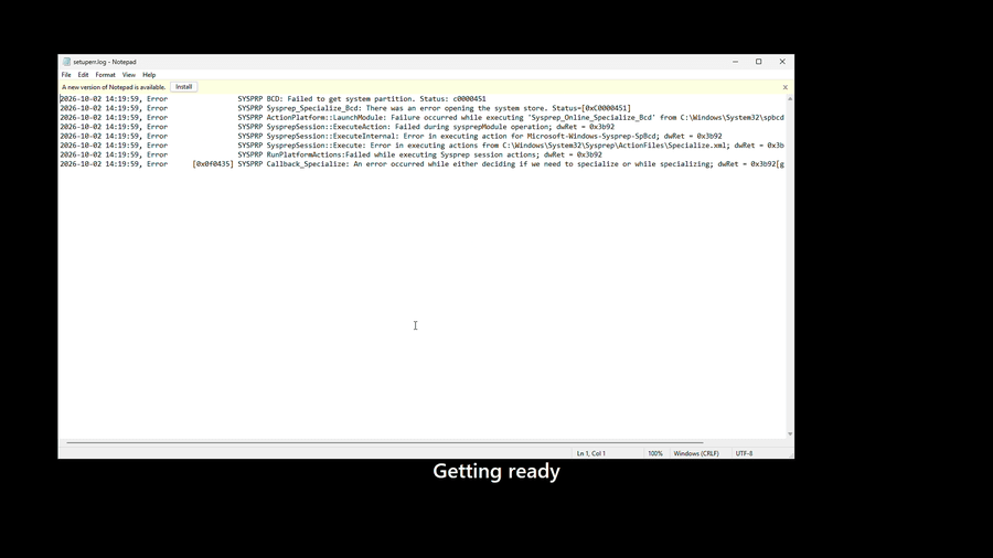 Windows 11 setuperr.log showing c0000451 BCD system partition error