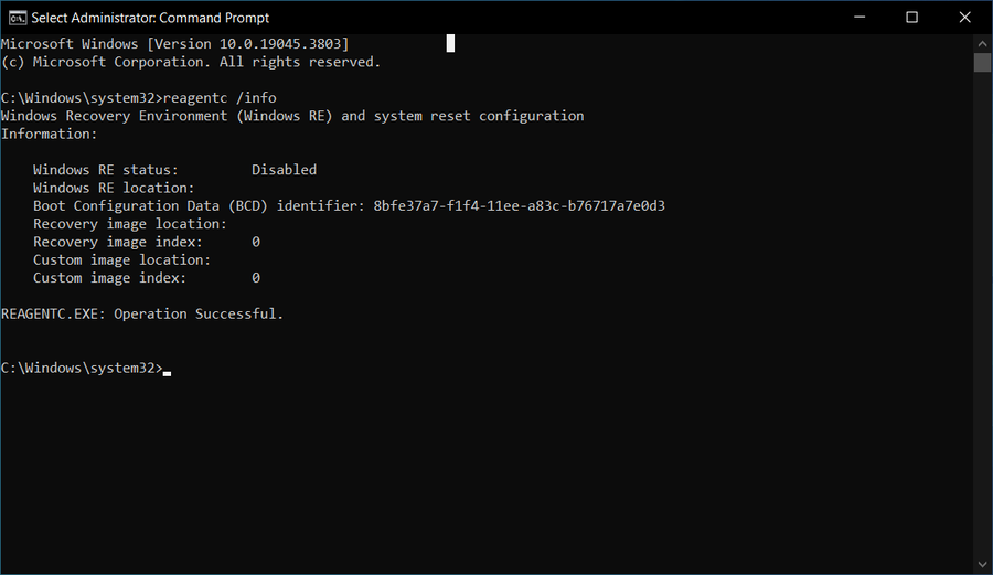 reagentc info showing Windows RE disabled and no recovery image location