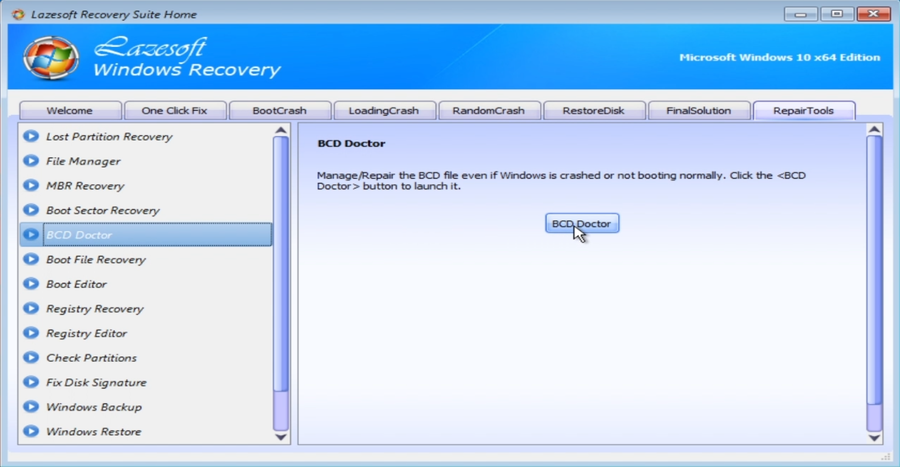 Windows Recovery repair tools screen showing BCD Doctor option